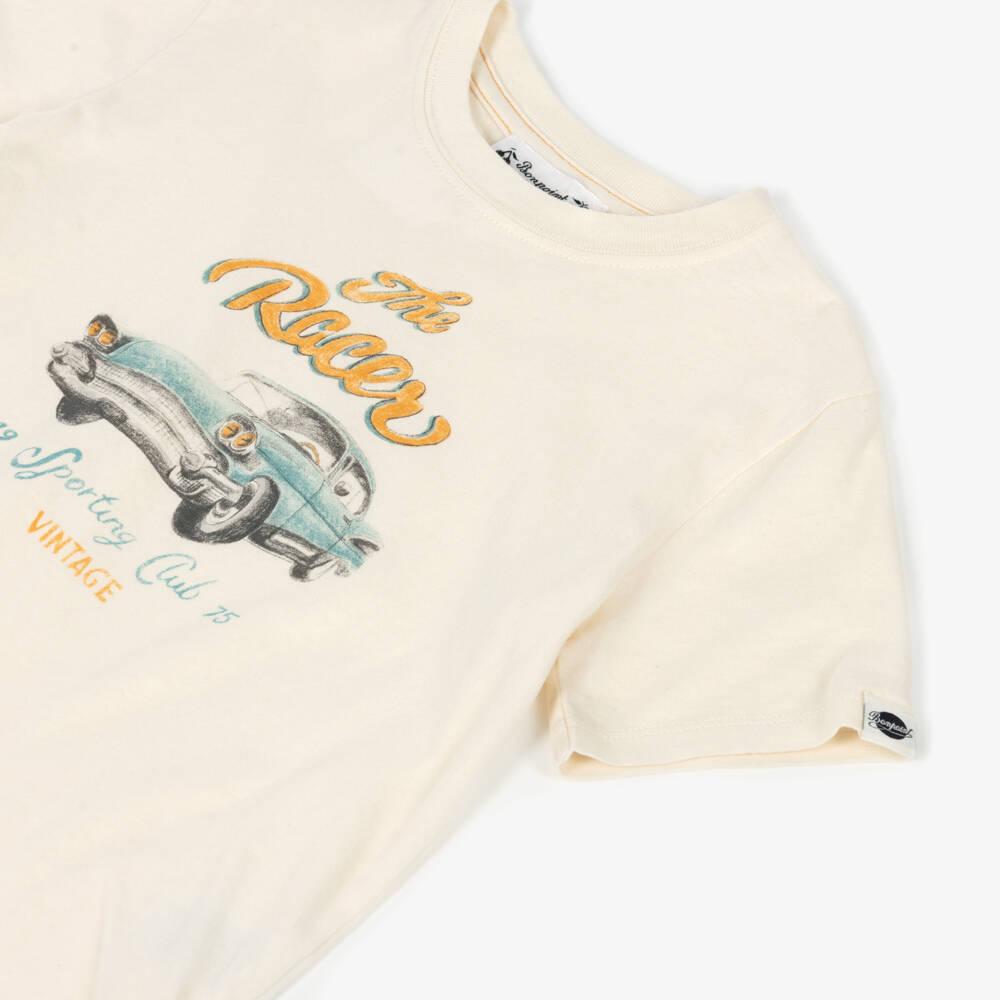 Bonpoint-Boys Ivory Cotton T-Shirt with Vintage Car Print | Childrensalon