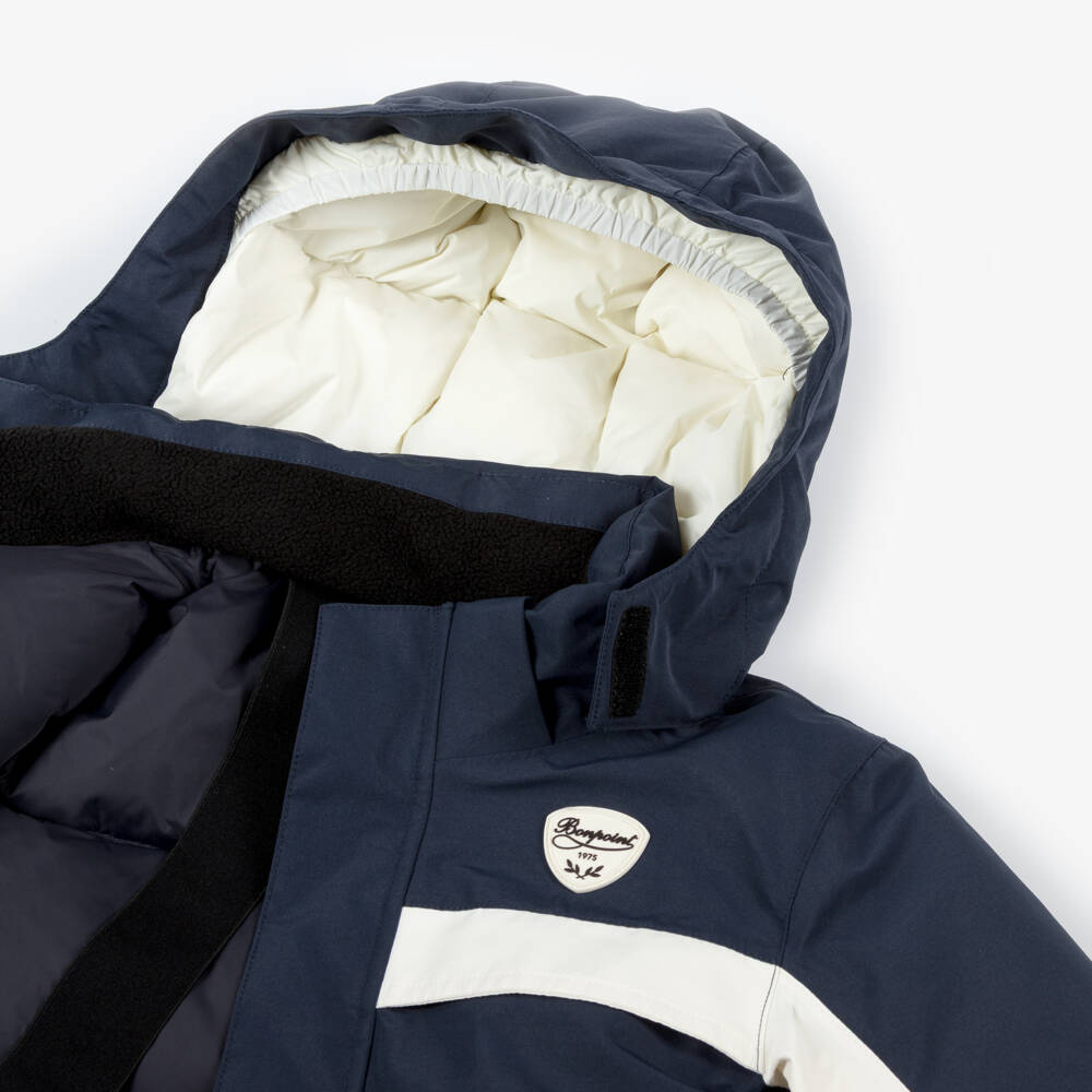 Bonpoint-Лыжная куртка -пуховик синяя с кремовой отделкой для мальчиков | Childrensalon