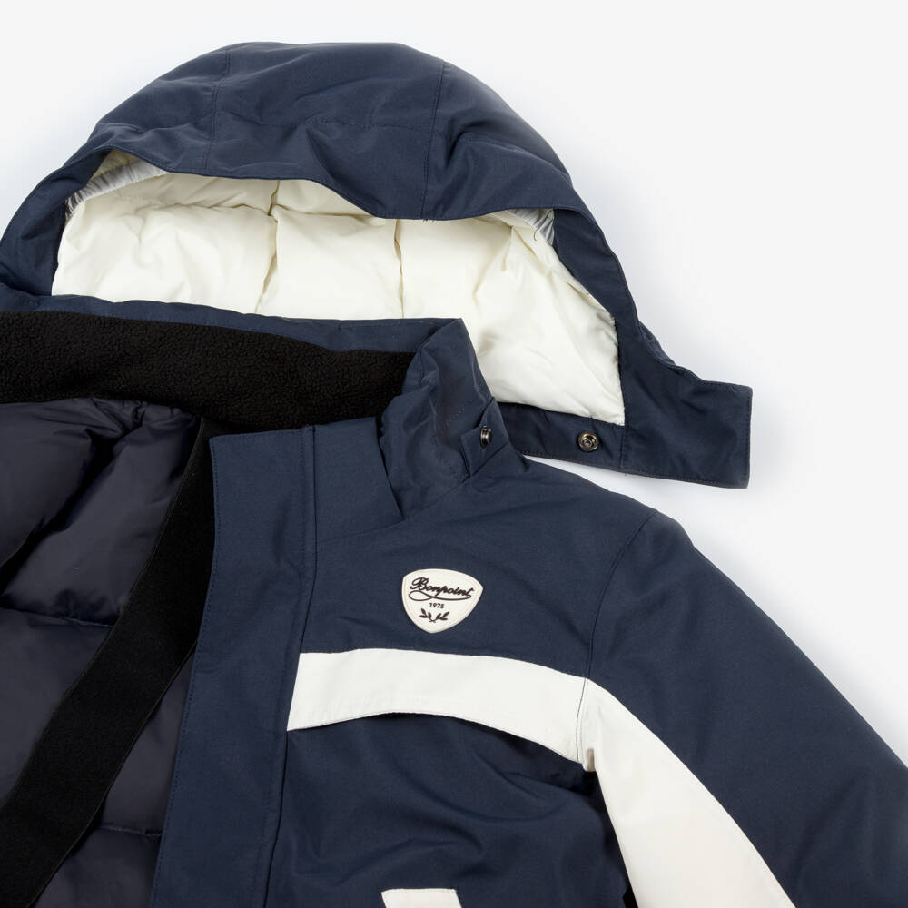 Bonpoint-Лыжная куртка -пуховик синяя с кремовой отделкой для мальчиков | Childrensalon