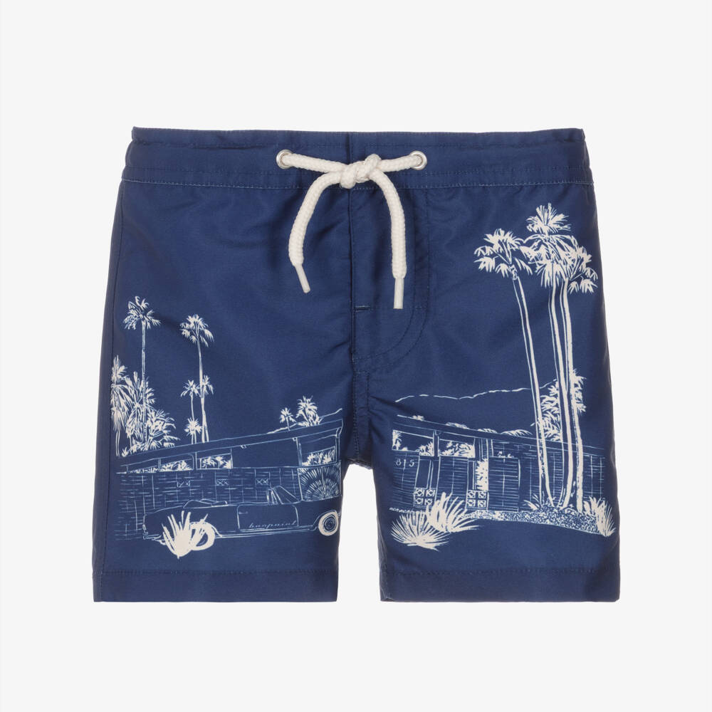 Bonpoint-Boys Navy Blue Swim Shorts with White Car Print | Childrensalon