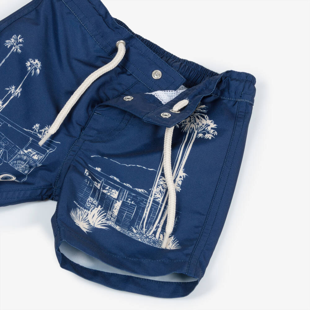 Bonpoint-Плавки-шорты синие с белым автомобилем для мальчиков | Childrensalon