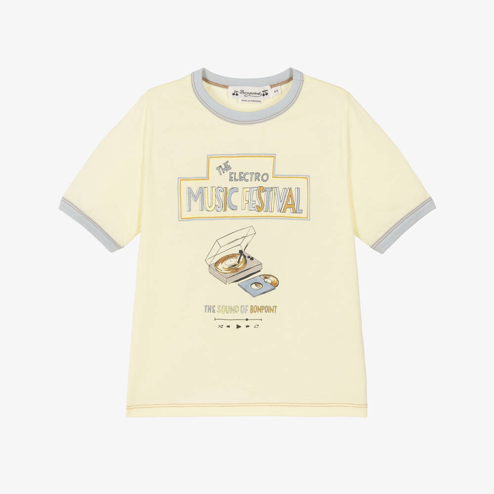 Bonpoint-Boys Pale Yellow Cotton T-Shirt with Graphic Print | Childrensalon