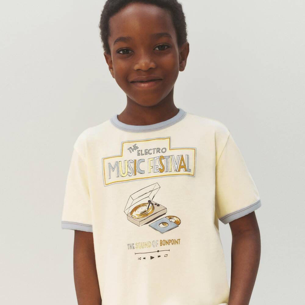 Bonpoint-Boys Pale Yellow Cotton T-Shirt with Graphic Print | Childrensalon