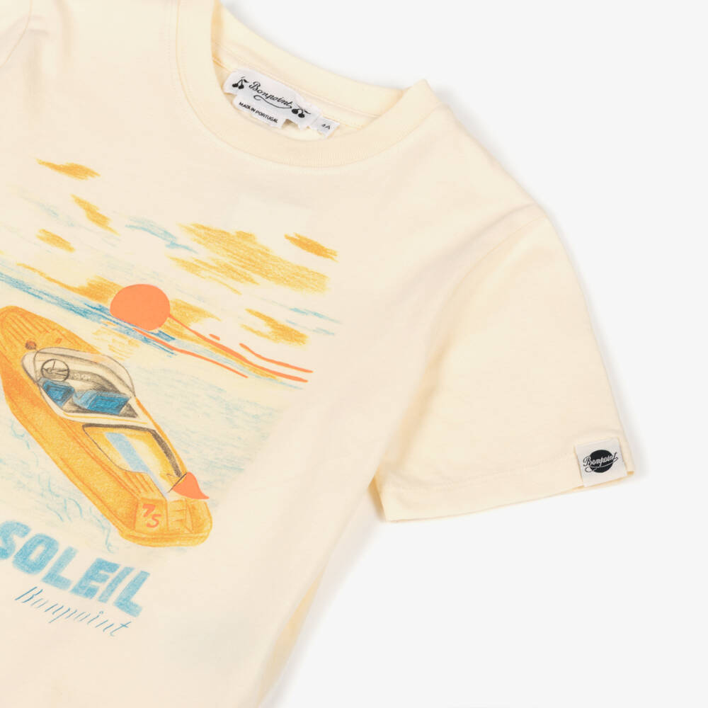 Bonpoint-Boys Pale Yellow Cotton T-Shirt with Speed Boat Print | Childrensalon