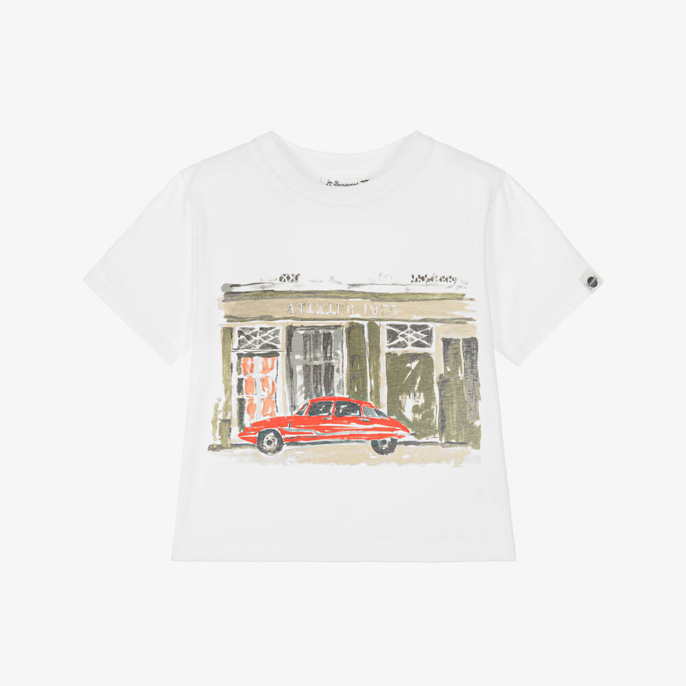 Bonpoint-Boys White Cotton T-Shirt with Vintage Car Graphic | Childrensalon