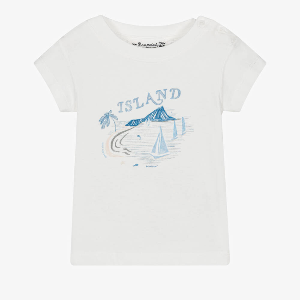 Bonpoint-Boys White Organic Cotton Island Print T-Shirt | Childrensalon