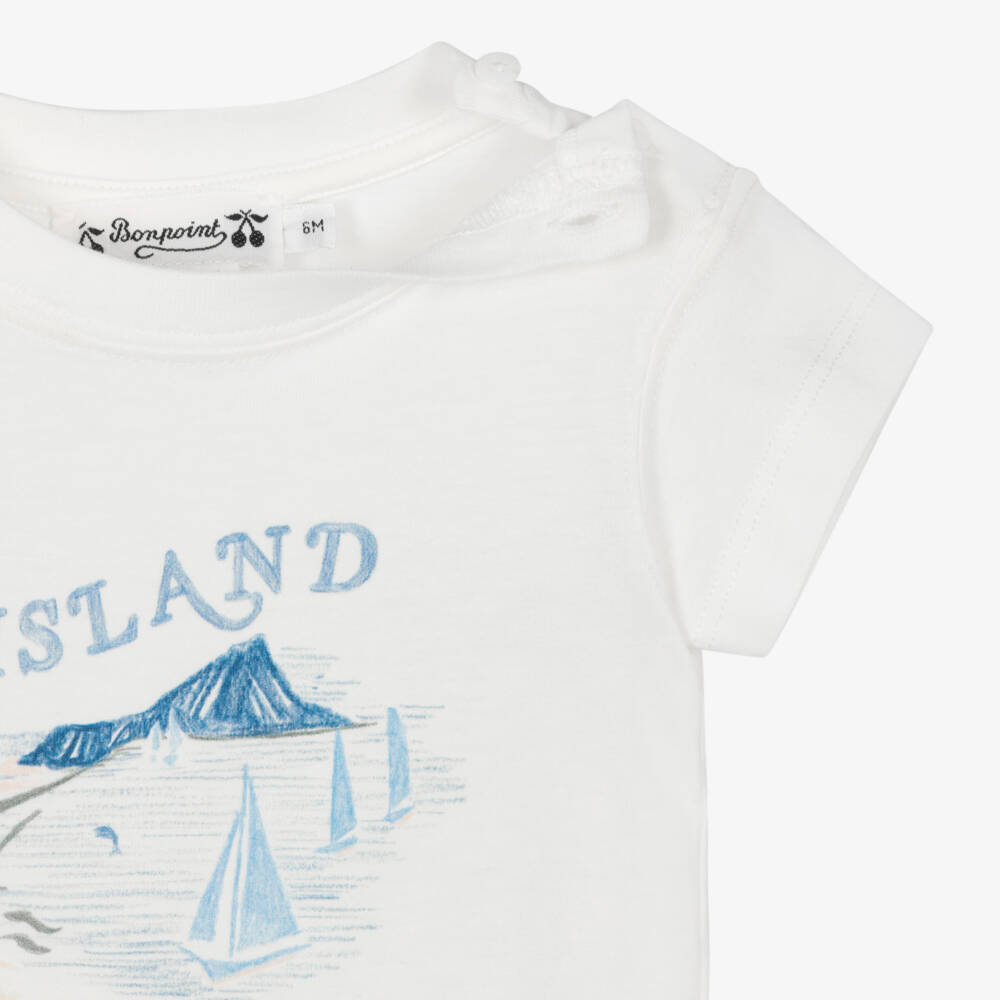 Bonpoint-Boys White Organic Cotton Island Print T-Shirt | Childrensalon