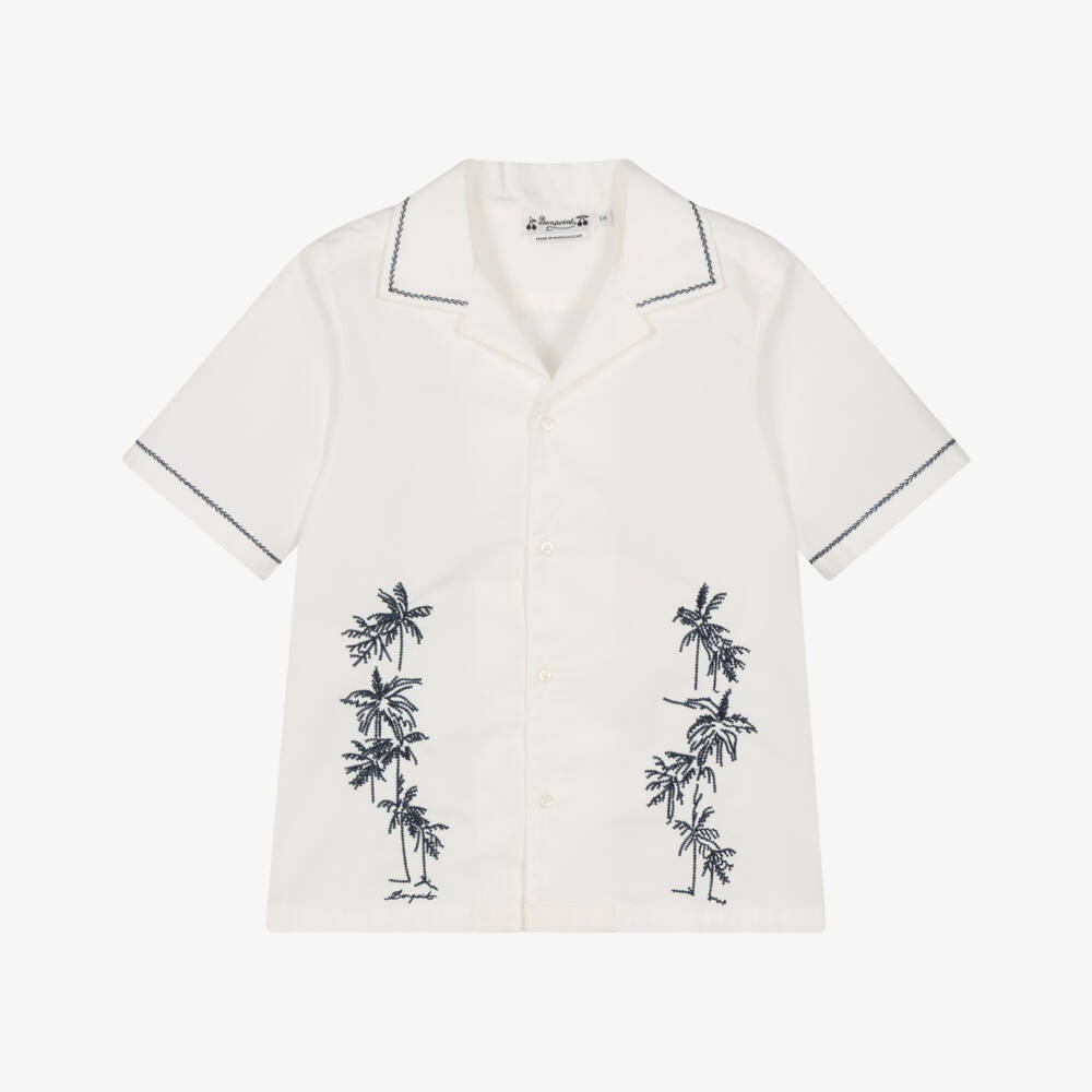 Bonpoint-Boys White Organic Cotton Shirt with Palm Tree Embroidery | Childrensalon
