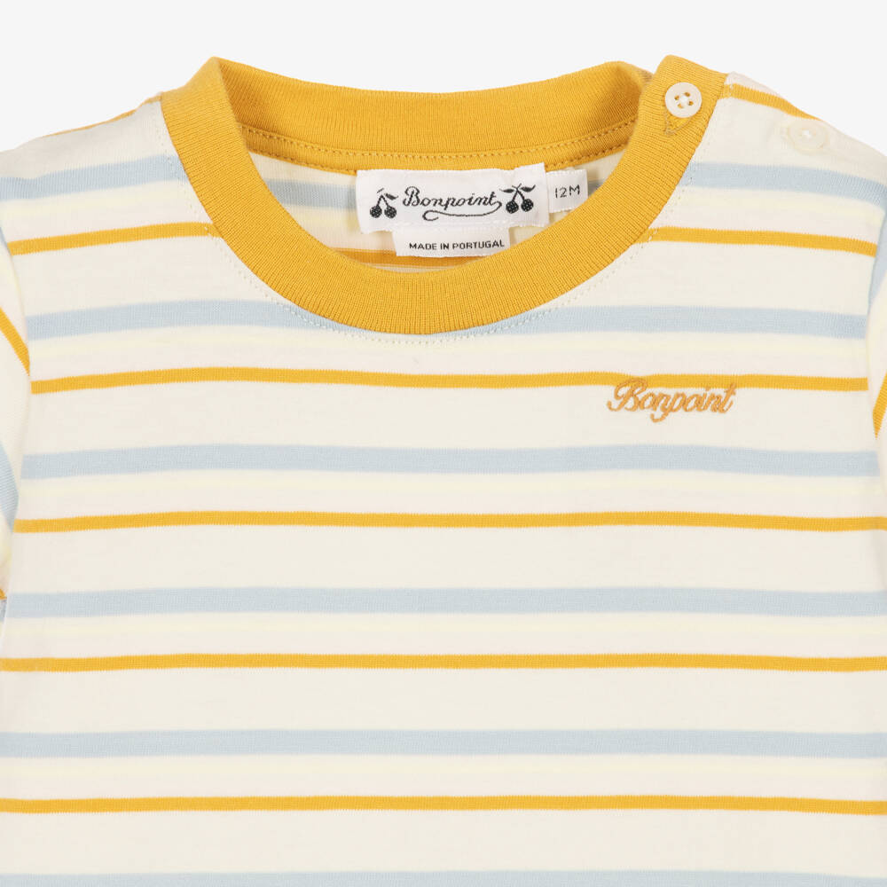 Bonpoint-Boys Yellow & Blue Stripe Cotton T-Shirt | Childrensalon