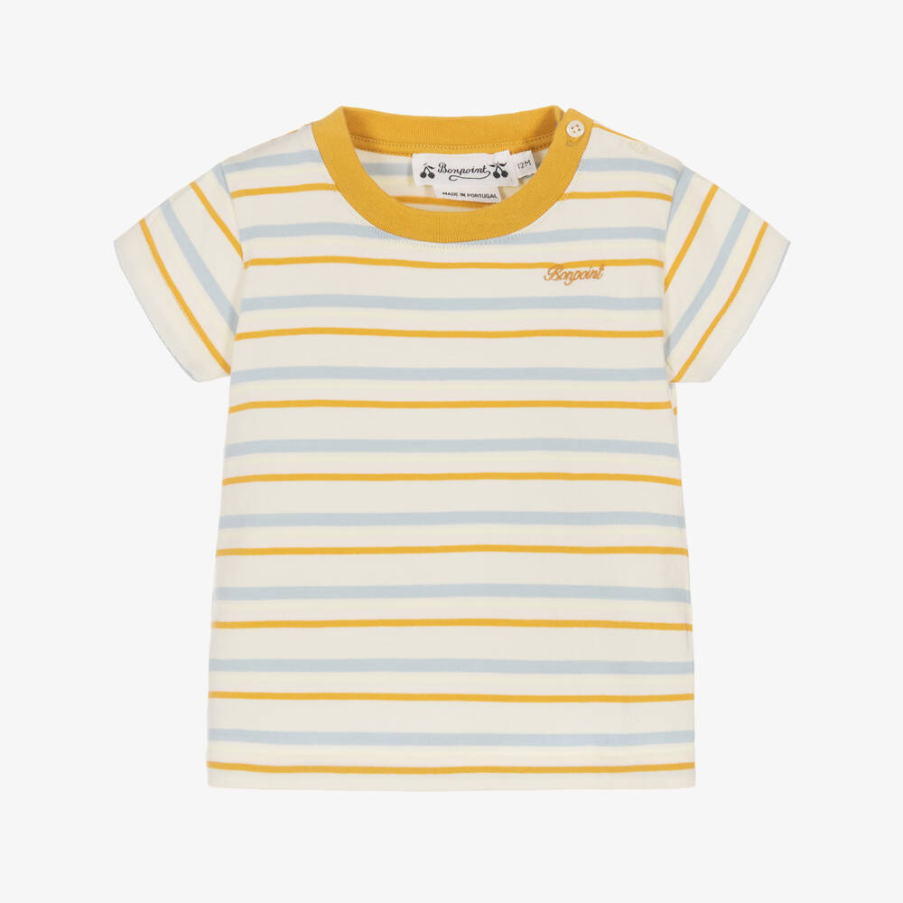 Bonpoint-Boys Yellow & Blue Stripe Cotton T-Shirt  | Childrensalon