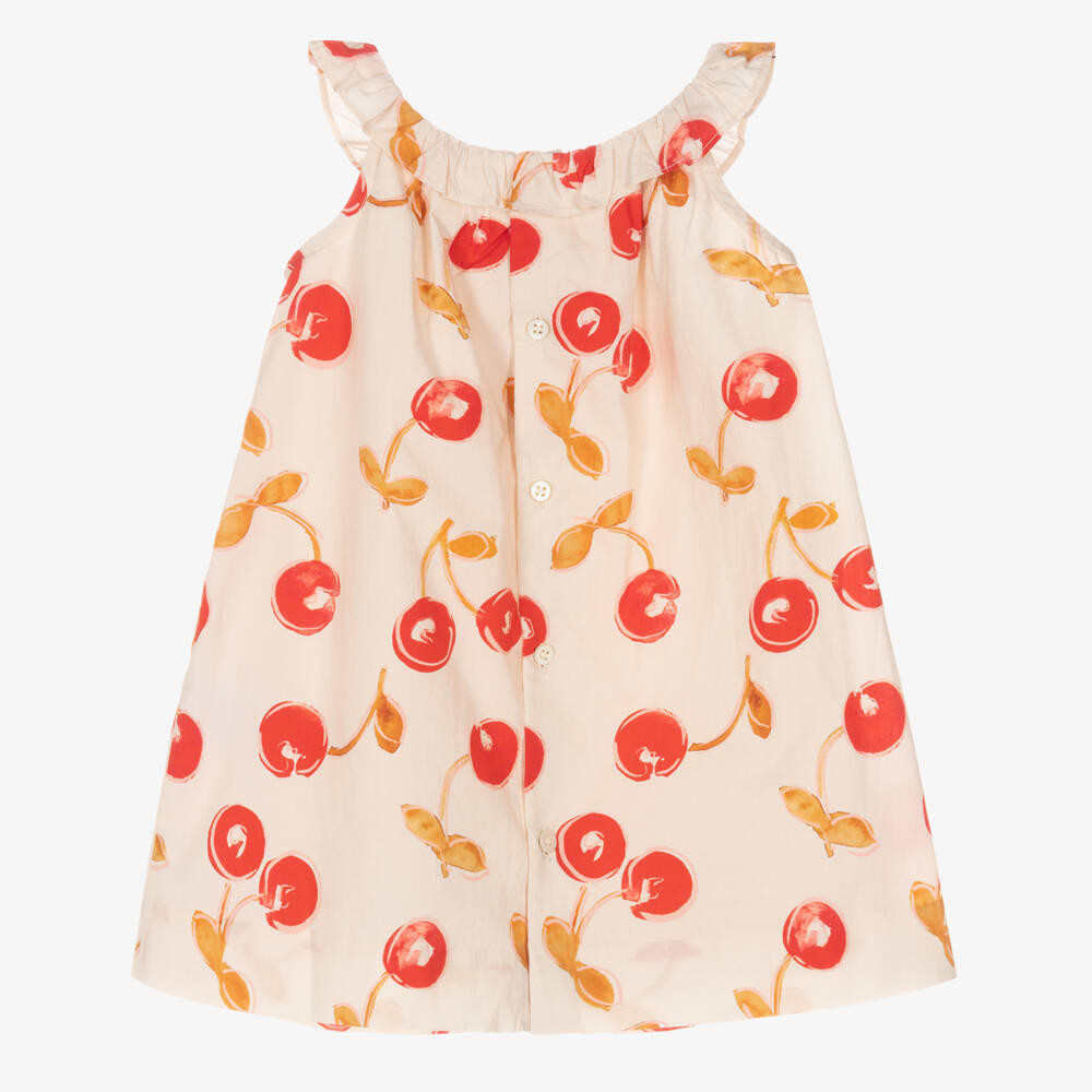Bonpoint-Платье бежевое из хлопкового поплина с вишневым принтом для девочек | Childrensalon