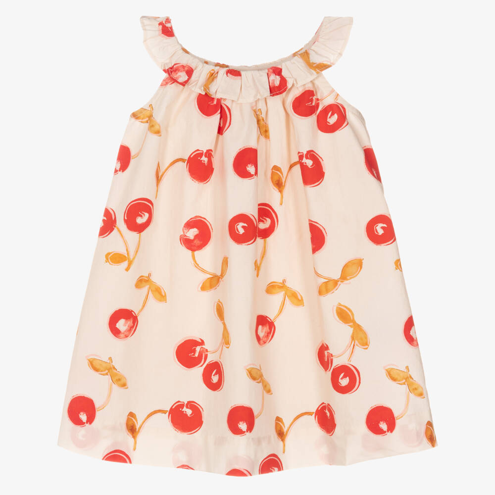 Bonpoint-Girls Beige Cherry Print Cotton Poplin Dress | Childrensalon
