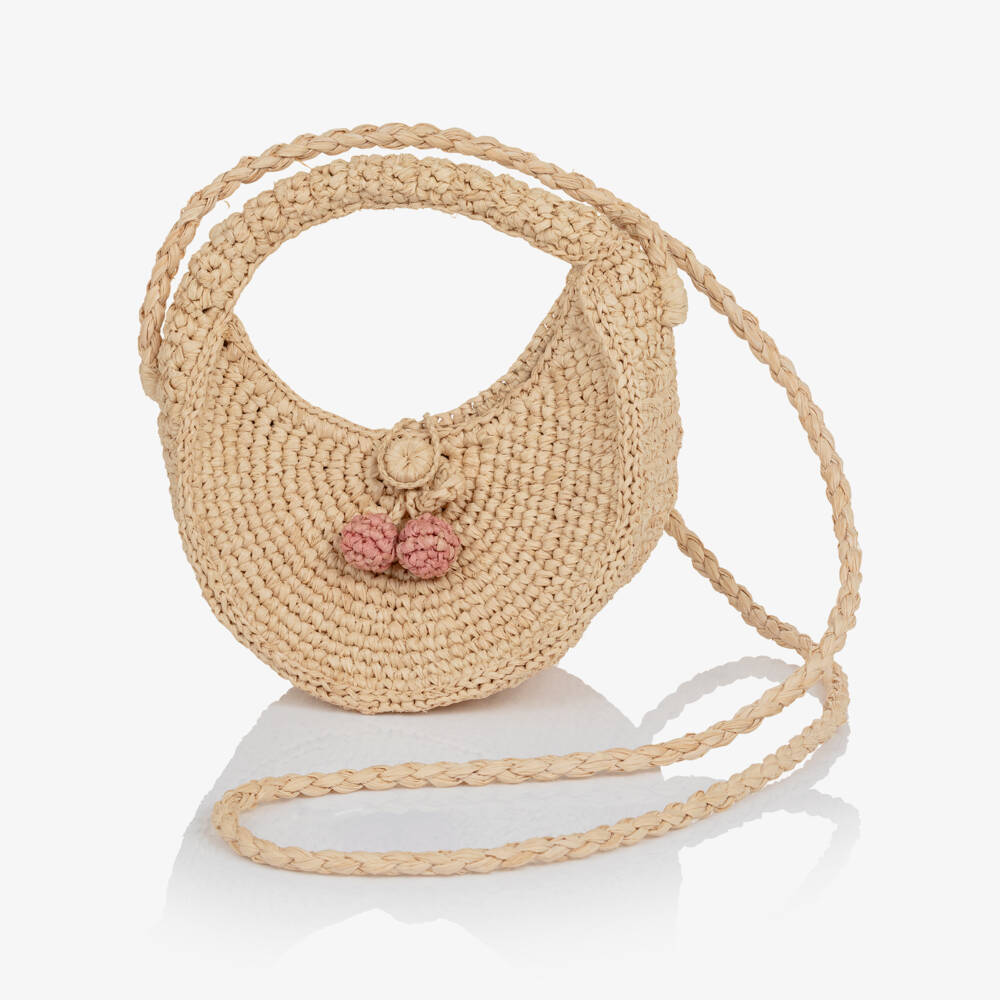 Bonpoint-Girls Beige Cherry Straw Bag (14cm) | Childrensalon