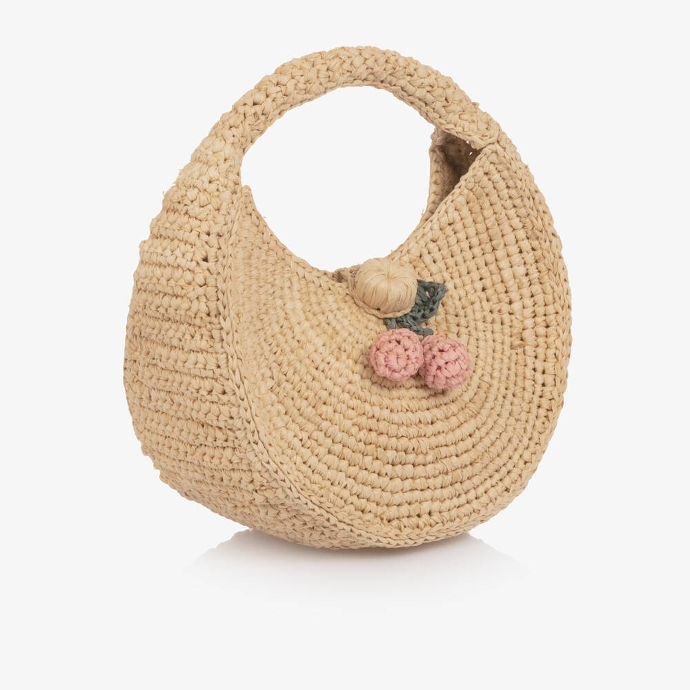 Bonpoint-Girls Beige Cherry Straw Bag (14cm) | Childrensalon