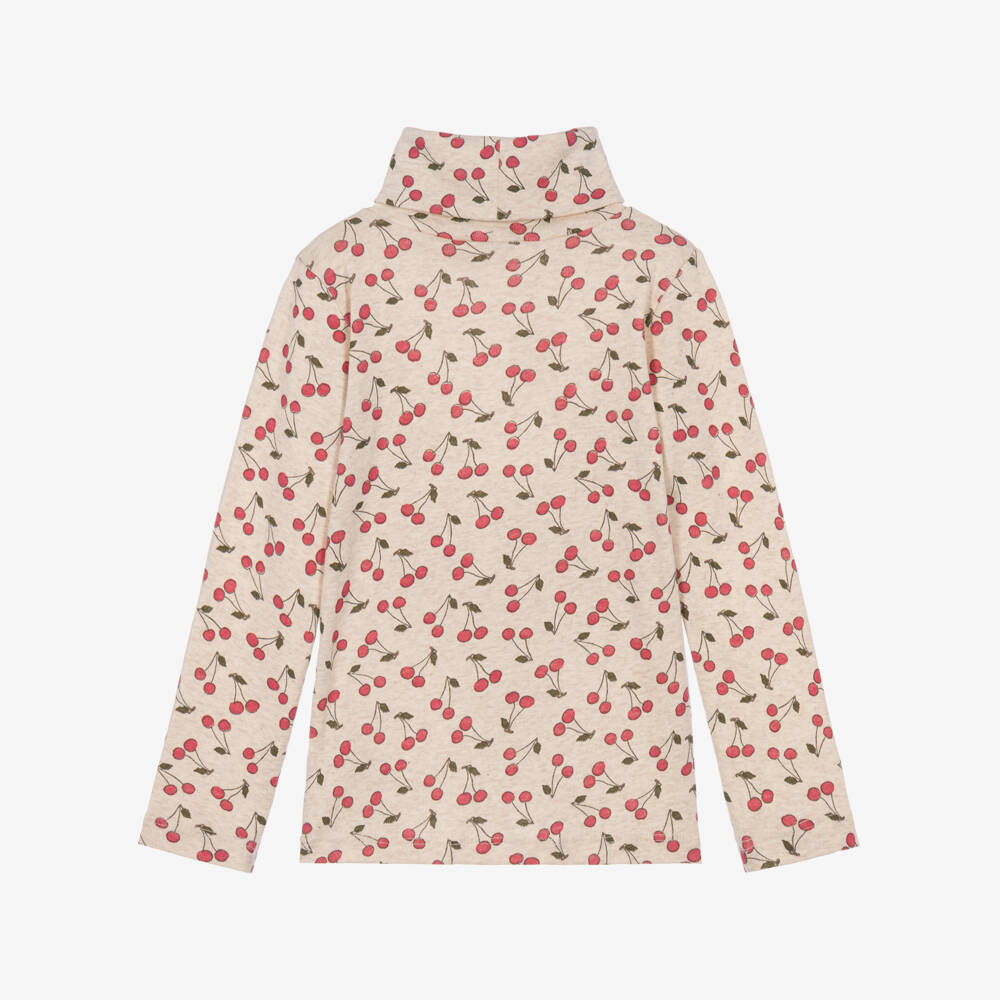 Bonpoint-Girls Beige Cotton Roll Neck Top with Cherry Print | Childrensalon