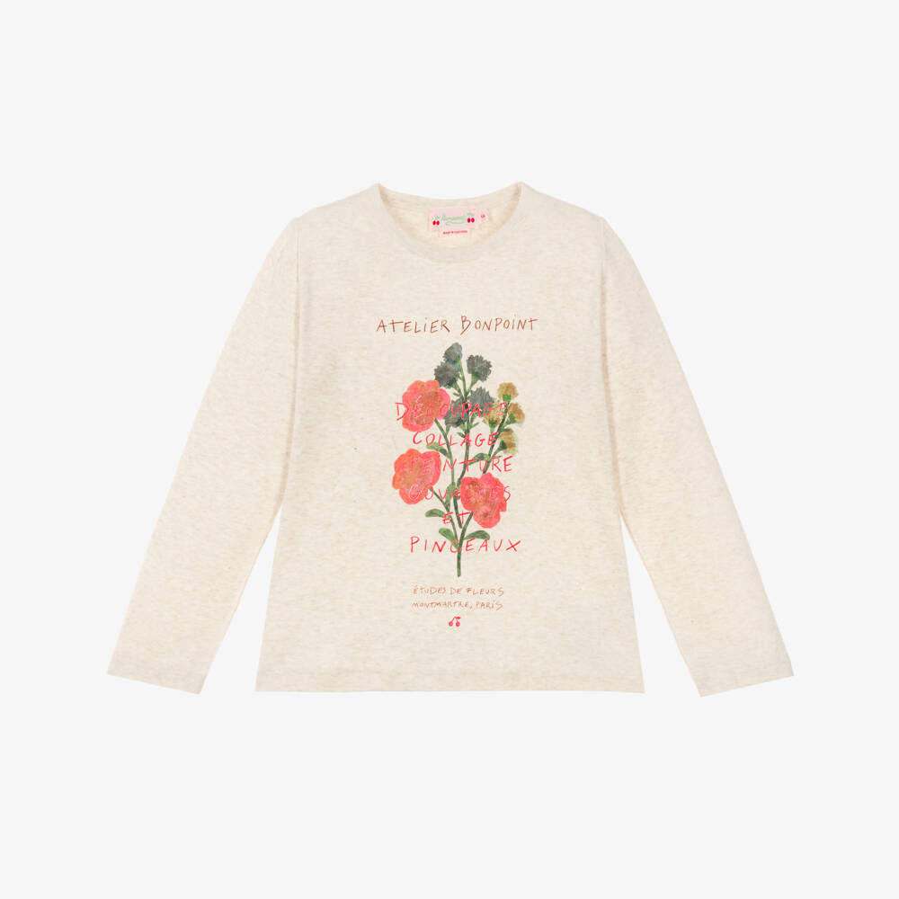 Bonpoint-Girls Beige Cotton Wildflower Long Sleeve Top  | Childrensalon