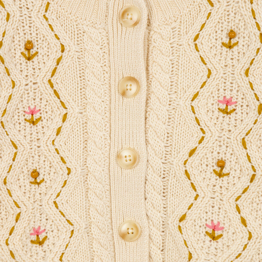 Bonpoint-Girls Beige Embroidered Cardigan | Childrensalon