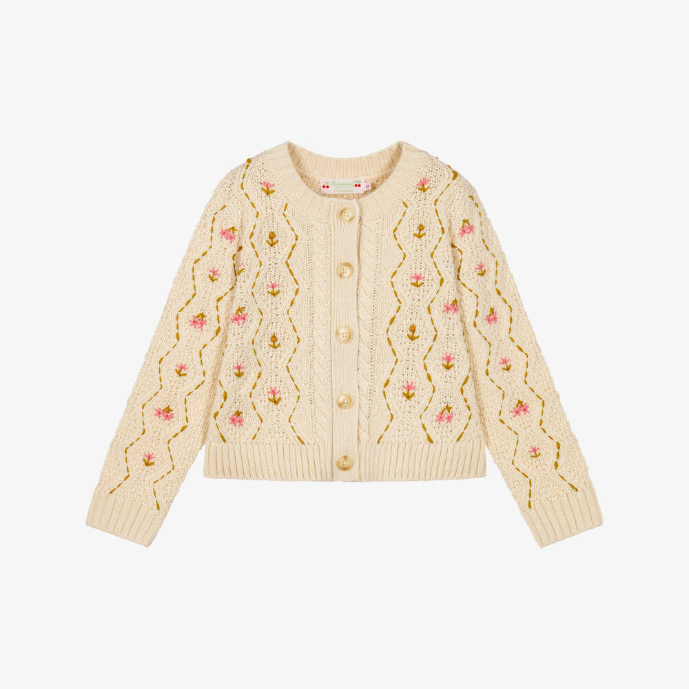 Bonpoint-Girls Beige Embroidered Cardigan | Childrensalon