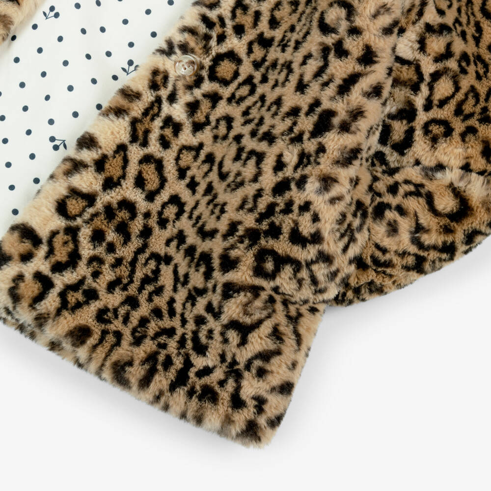 Bonpoint-Girls Beige Faux Fur Leopard Print Coat | Childrensalon