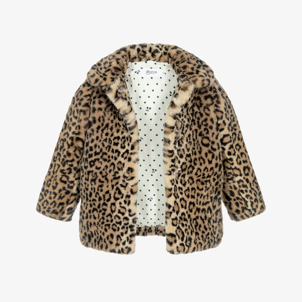 Bonpoint-Girls Beige Faux Fur Leopard Print Coat | Childrensalon