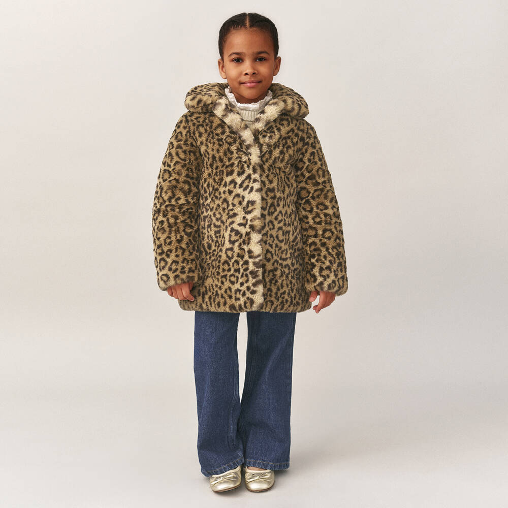 Bonpoint-Girls Beige Faux Fur Leopard Print Coat | Childrensalon