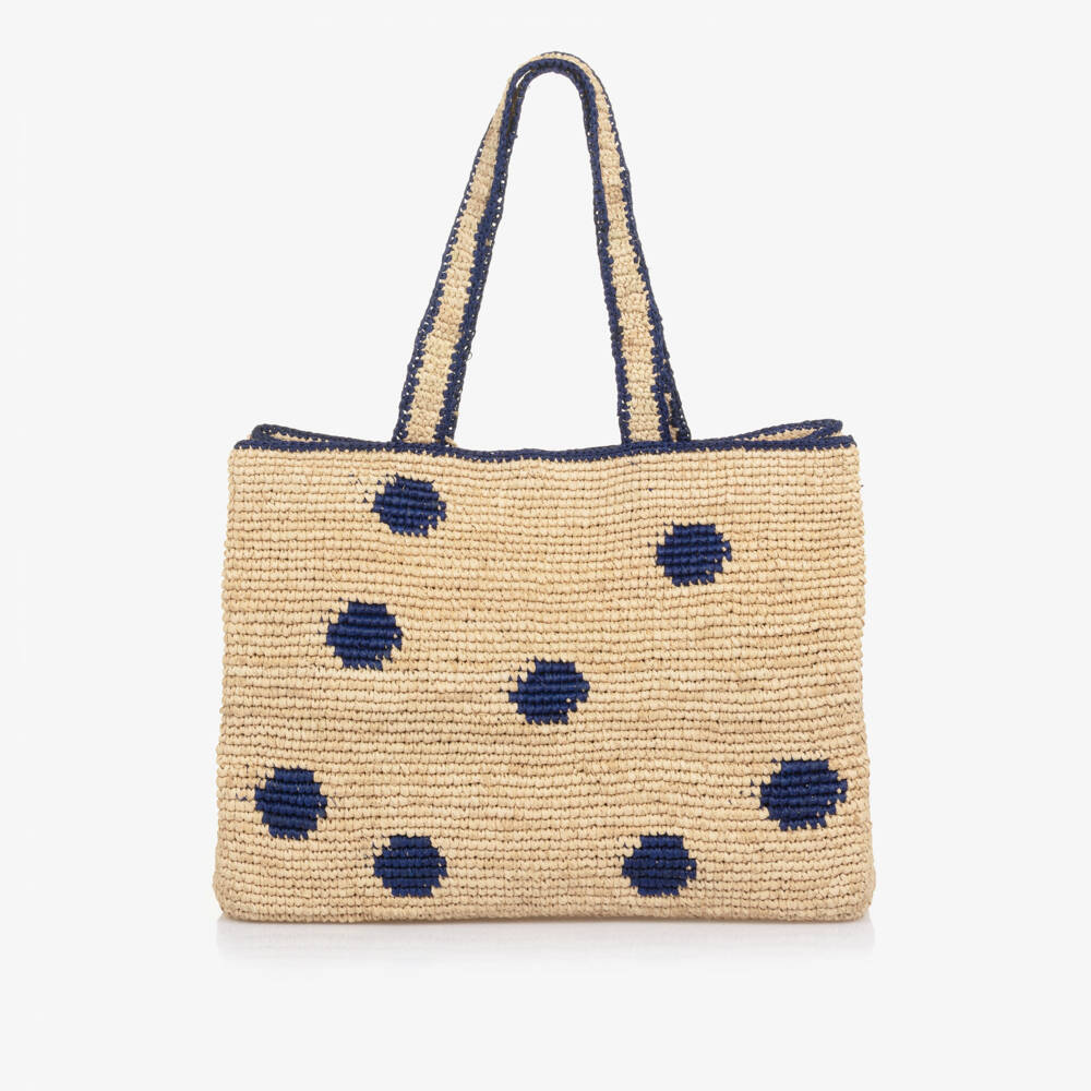 Bonpoint-Girls Beige & Navy Blue Raffia Tote Bag with Cherry Logo Charm | Childrensalon