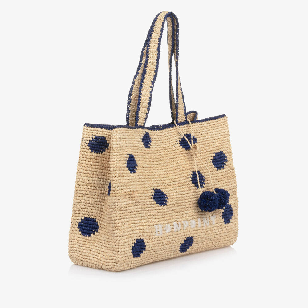 Bonpoint-Girls Beige & Navy Blue Raffia Tote Bag with Cherry Logo Charm | Childrensalon