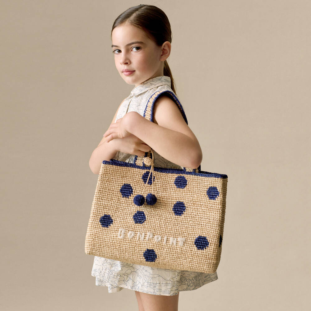Bonpoint-Girls Beige & Navy Blue Raffia Tote Bag with Cherry Logo Charm | Childrensalon
