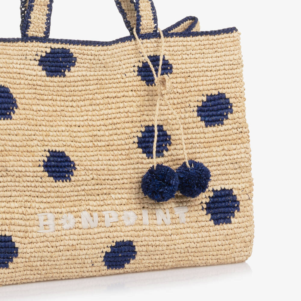 Bonpoint-Girls Beige & Navy Blue Raffia Tote Bag with Cherry Logo Charm | Childrensalon