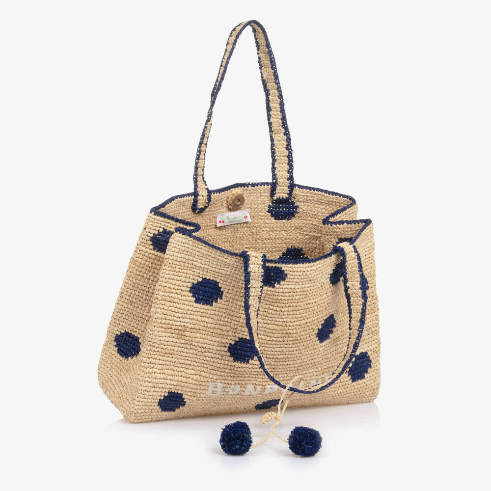 Bonpoint-Girls Beige & Navy Blue Raffia Tote Bag with Cherry Logo Charm | Childrensalon