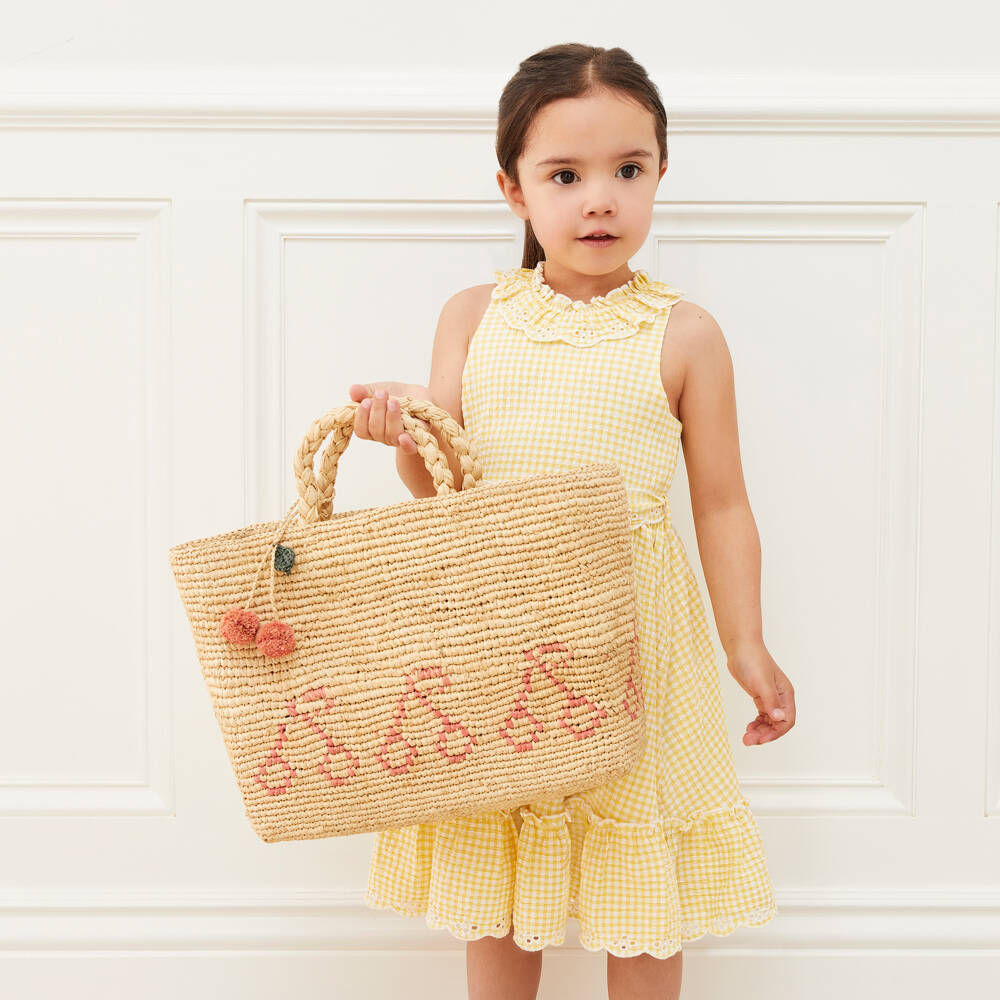 Bonpoint - Girls Beige Raffia Cherry Bag (32cm) | Childrensalon 