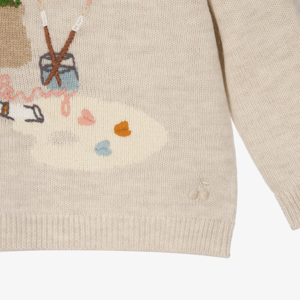 Bonpoint-Girls Beige Sweater with Hand-Embroidery | Childrensalon