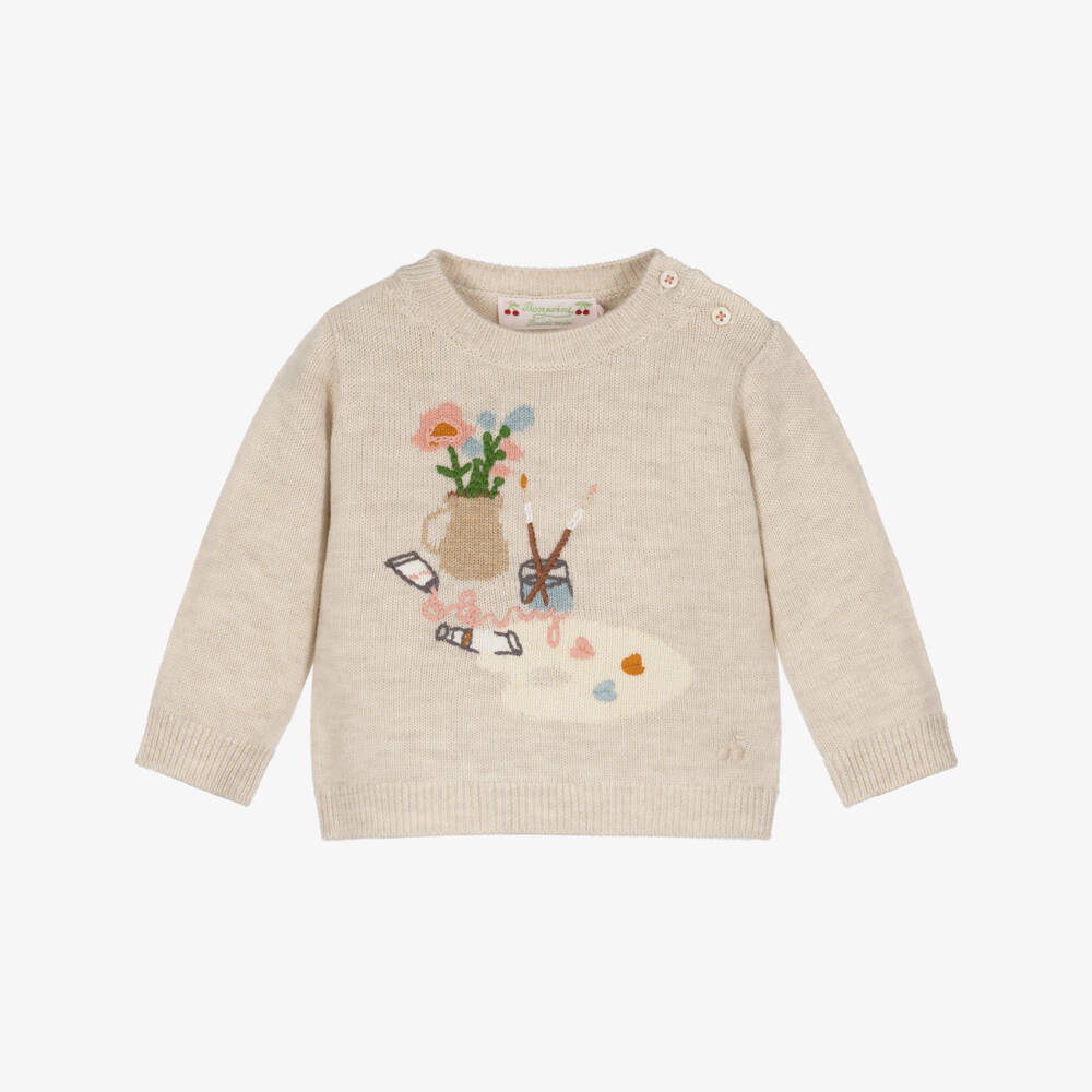 Bonpoint-Girls Beige Sweater with Hand-Embroidery | Childrensalon