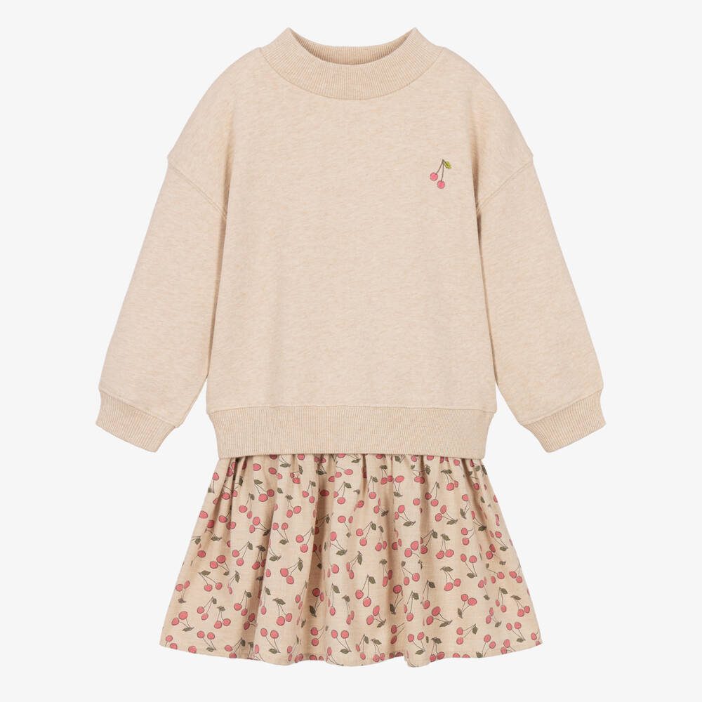 Bonpoint-Girls Beige Sweatshirt Dress with Cherry Print | Childrensalon