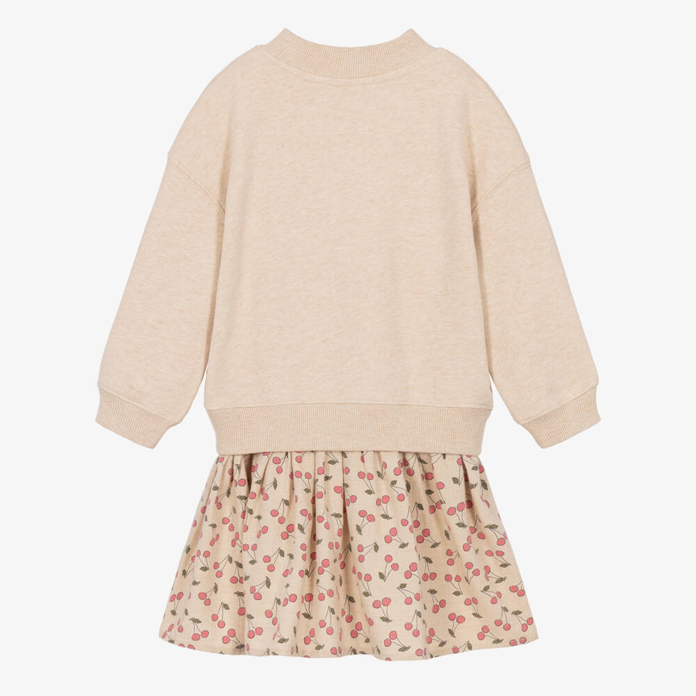 Bonpoint-Girls Beige Sweatshirt Dress with Cherry Print | Childrensalon