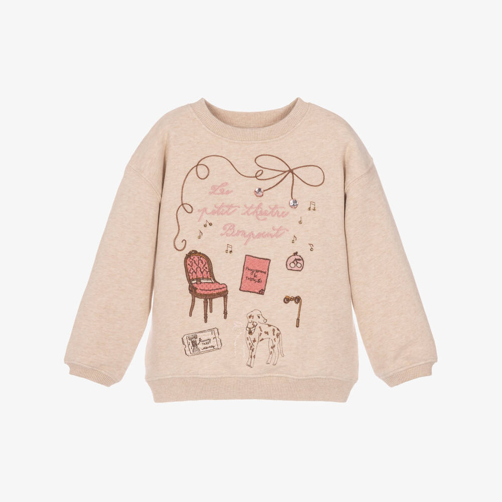 Bonpoint-Girls Beige Sweatshirt with Embroidered Theatre Motifs | Childrensalon