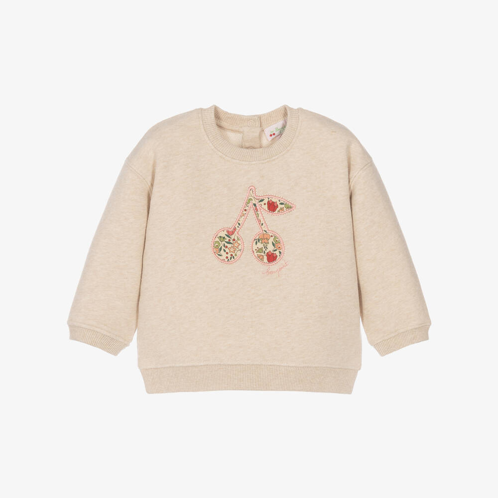 Bonpoint-Girls Beige Sweatshirt with Liberty Fabric Cherry | Childrensalon