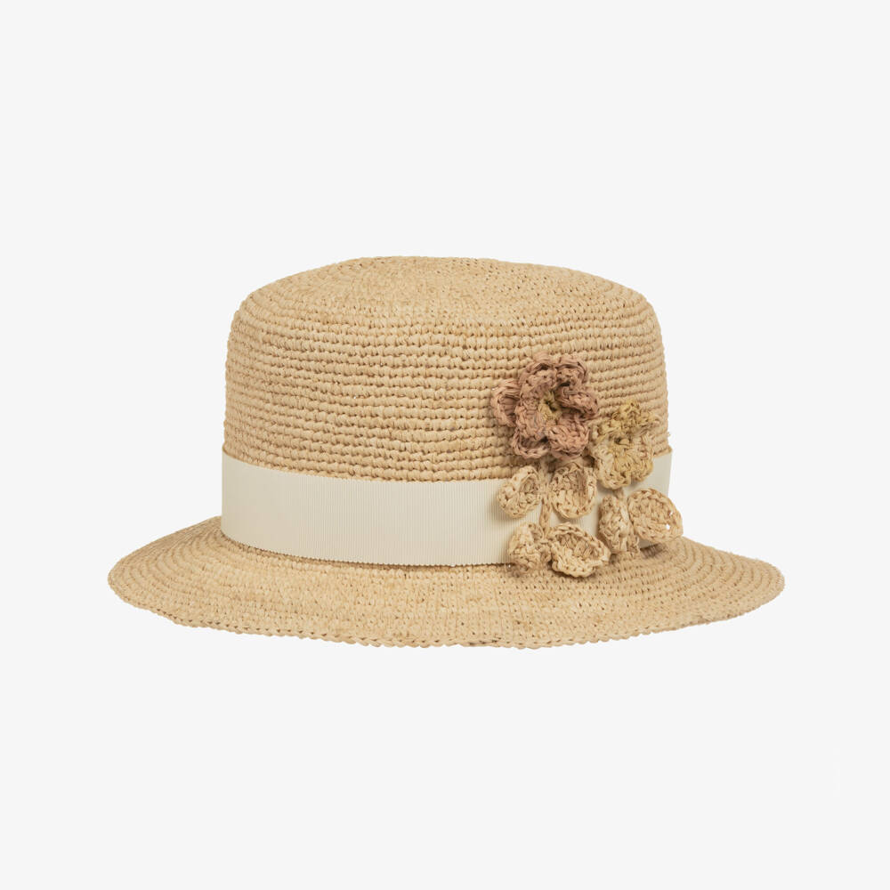 Bonpoint-Girls Beige Woven Raffia Sun Hat | Childrensalon