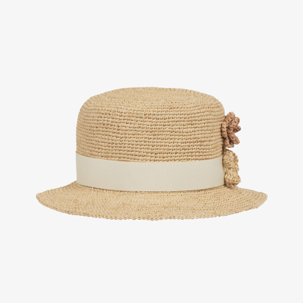 Bonpoint-Girls Beige Woven Raffia Sun Hat | Childrensalon