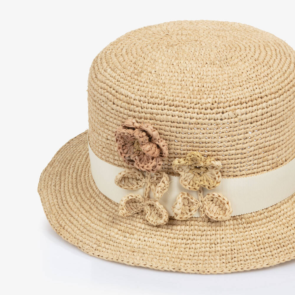 Bonpoint-Girls Beige Woven Raffia Sun Hat | Childrensalon