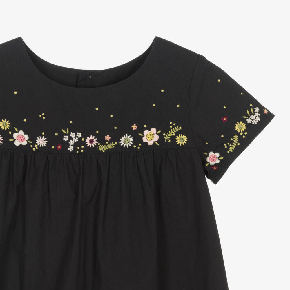 Bonpoint-Girls Black Cotton Dress with Embroidered Flowers | Childrensalon