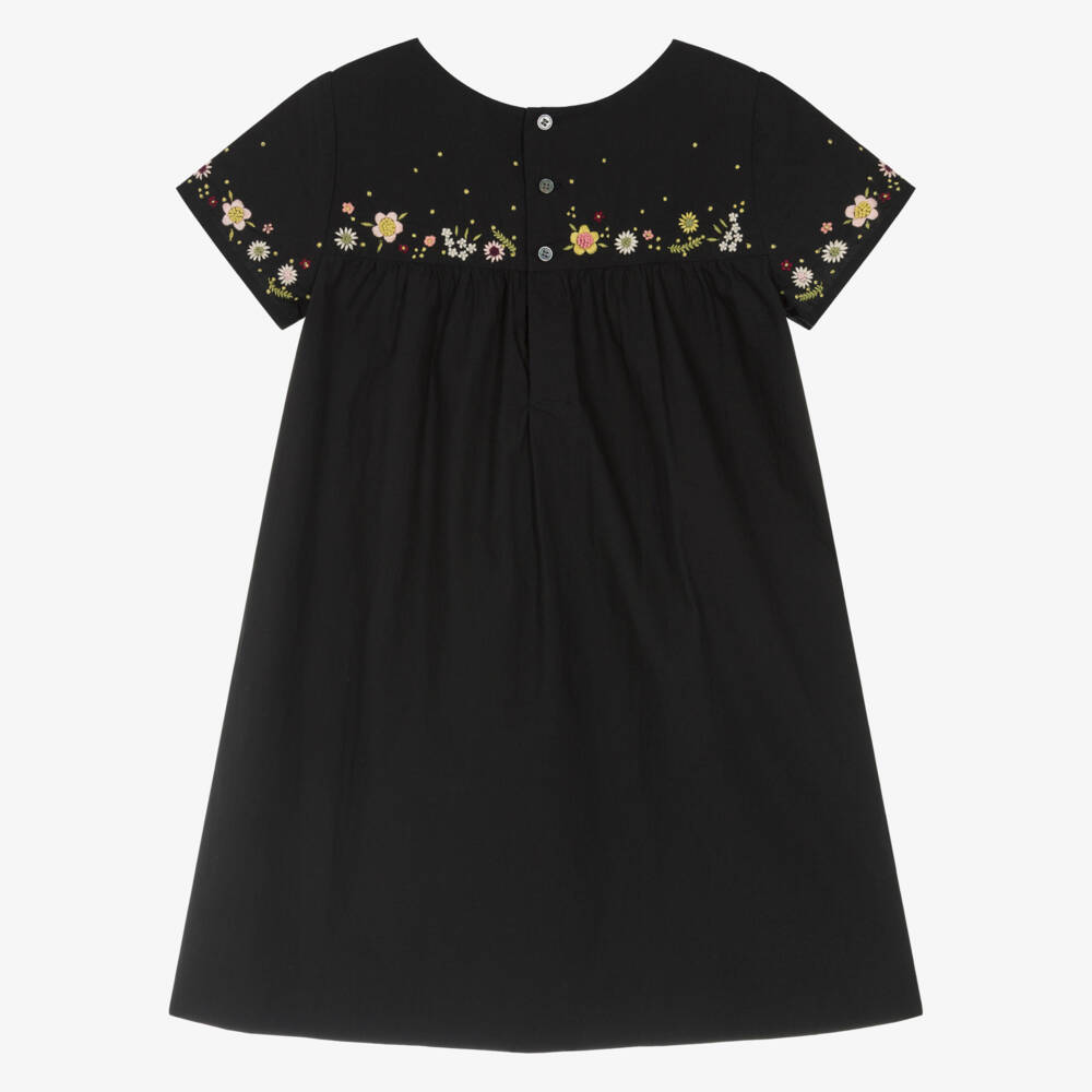 Bonpoint-Girls Black Cotton Dress with Embroidered Flowers | Childrensalon