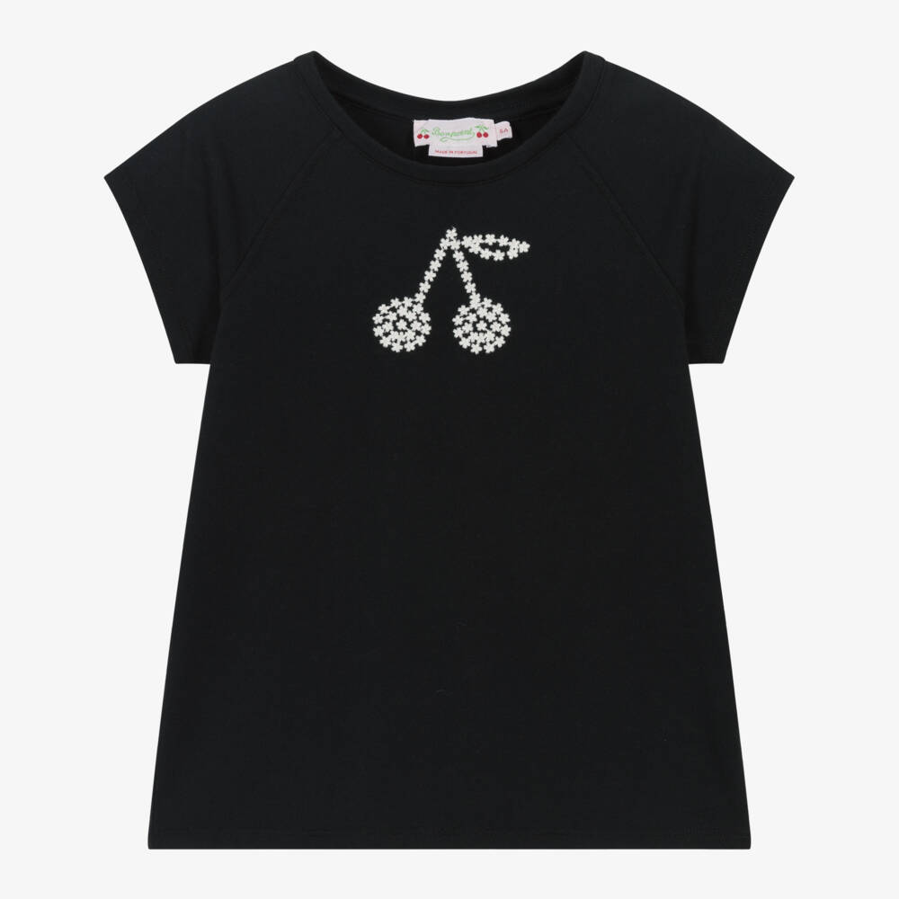 Bonpoint-Girls Black Organic Cotton Cherry Embroidery T-Shirt | Childrensalon