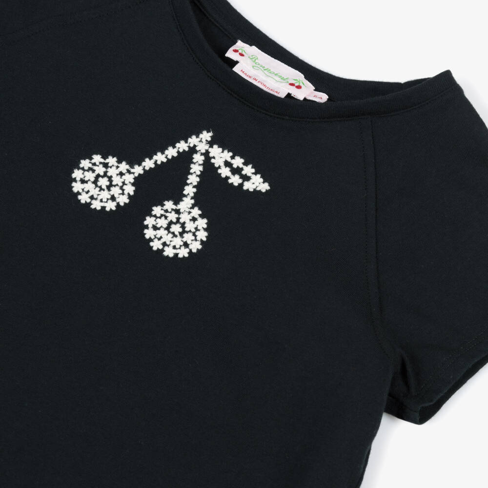 Bonpoint-Girls Black Organic Cotton Cherry Embroidery T-Shirt | Childrensalon