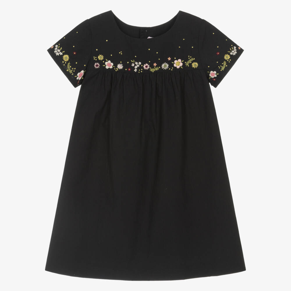 Bonpoint-Girls Black Poplin Floral Embroidery Dress | Childrensalon