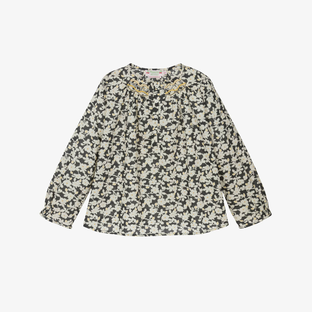 Bonpoint-Girls Black Smocked Cotton Blouse with Floral Liberty Fabric | Childrensalon