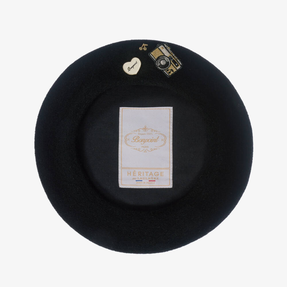 Bonpoint-Girls Black Wool Beret with Patches | Childrensalon