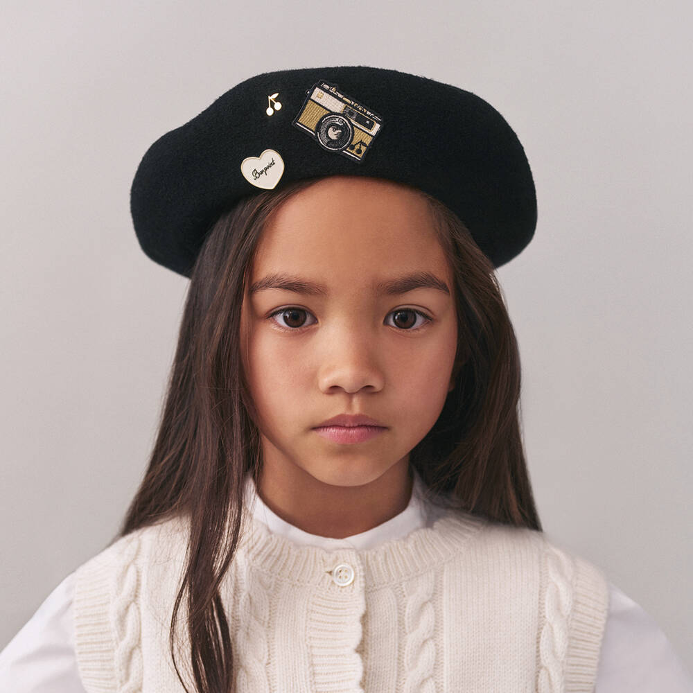 Bonpoint-Girls Black Wool Beret with Patches | Childrensalon