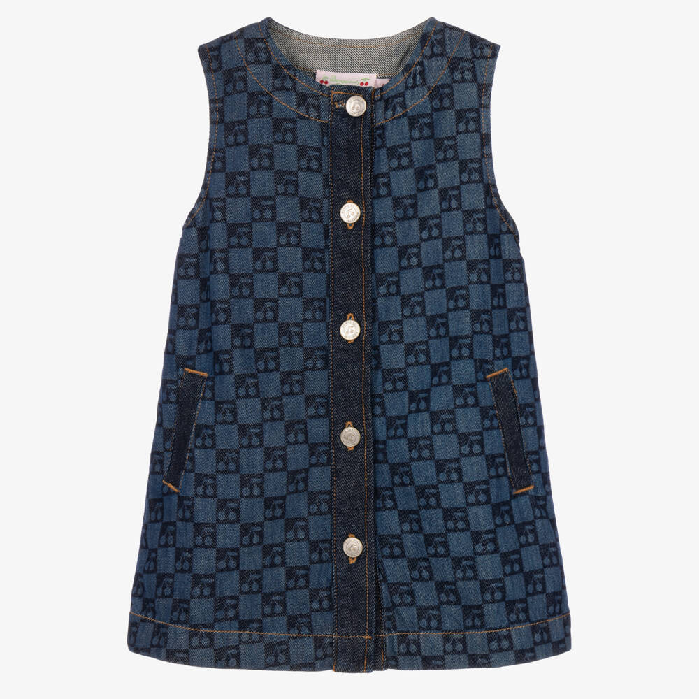 Bonpoint-Girls Blue Denim Cherry Checkerboard Print Dress | Childrensalon