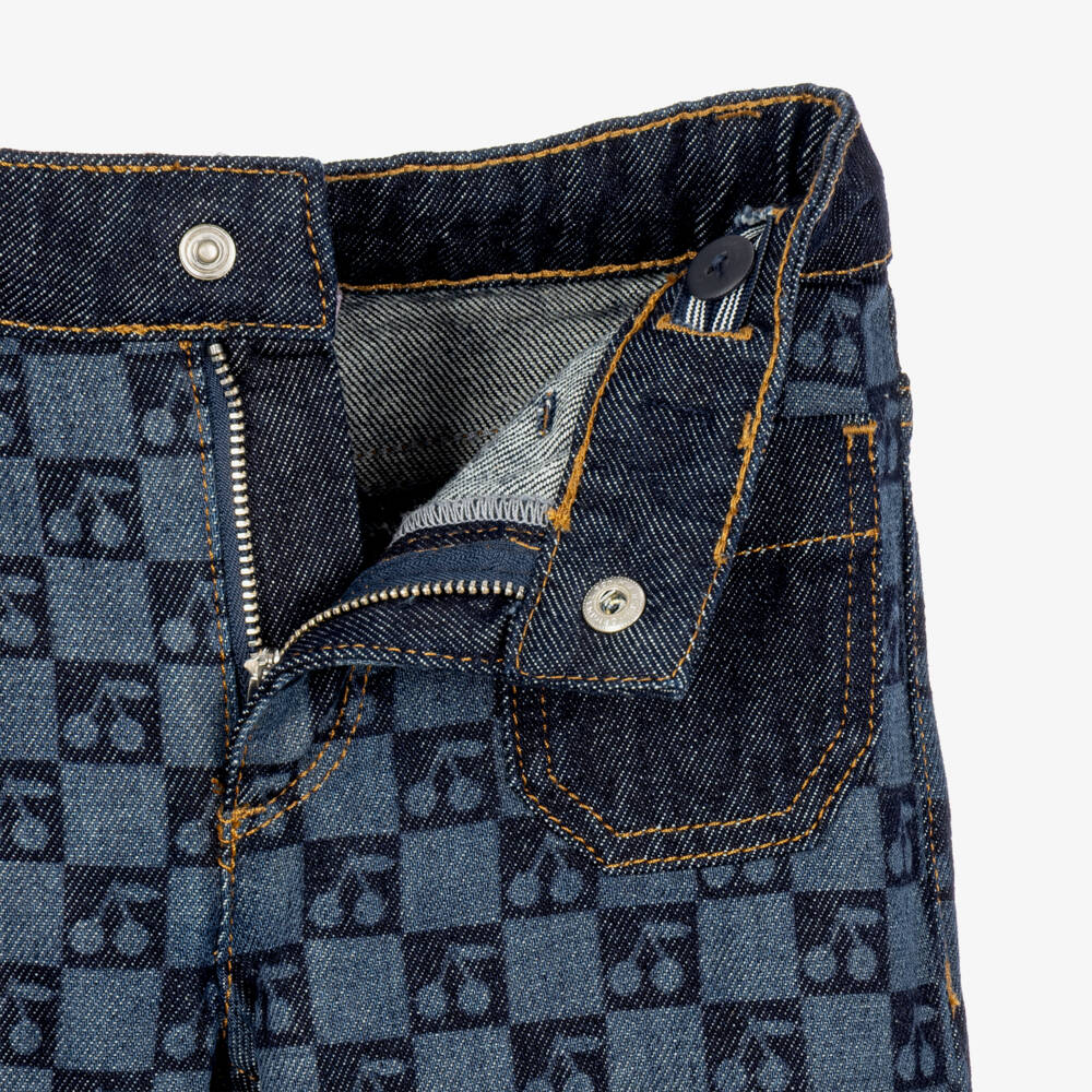 Bonpoint-Girls Blue Denim Cherry Checkerboard Print Jeans | Childrensalon